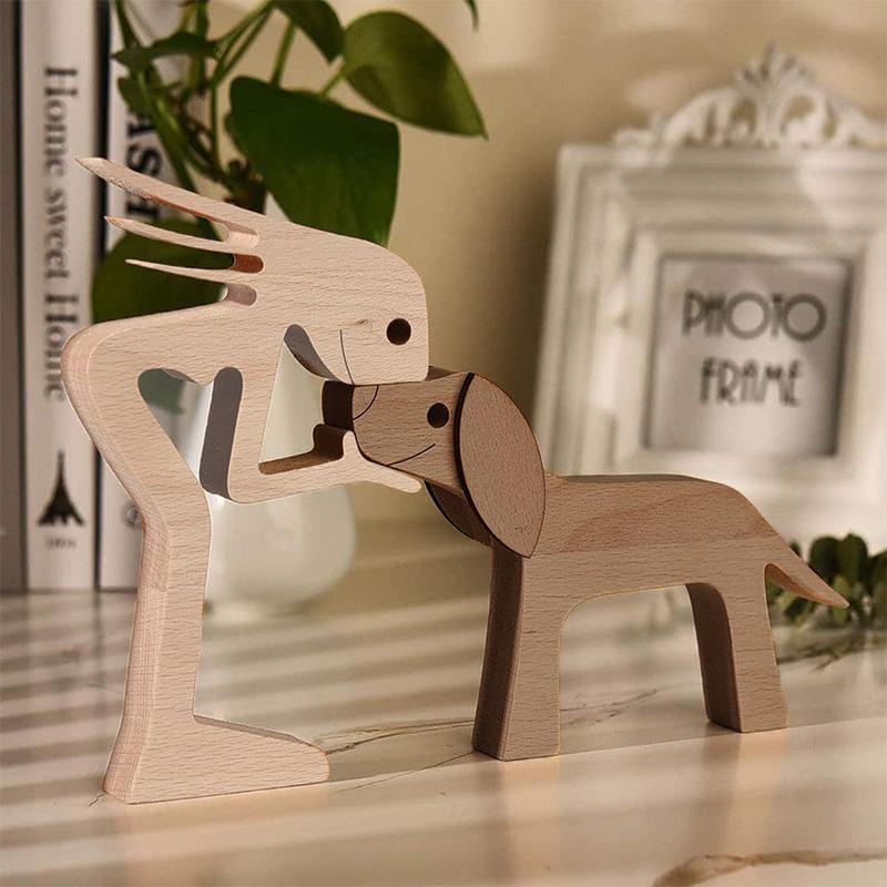 Handmade Wooden Statue Sitting Family and Dog Craft Home Decor - B04