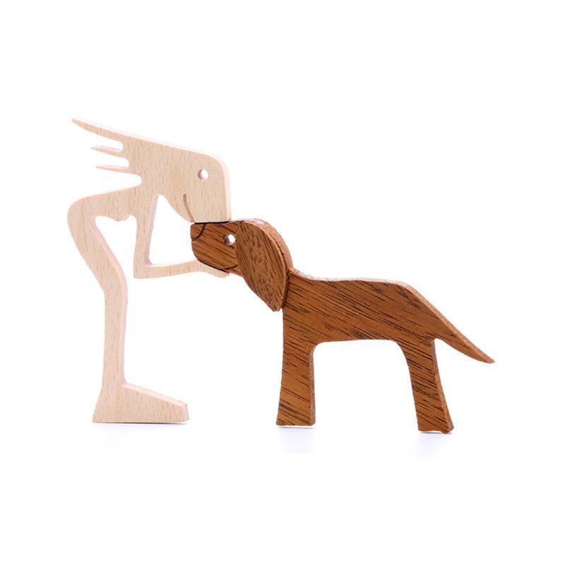 Handmade Wooden Statue Sitting Family and Dog Craft Home Decor - B04