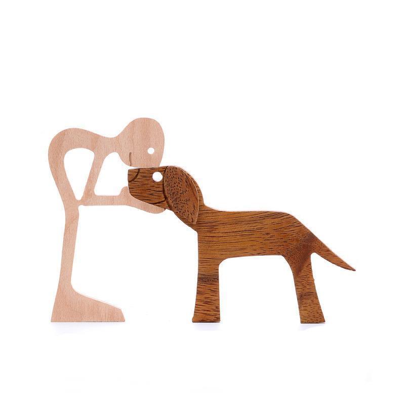 Handmade Wooden Statue Sitting Family and Dog Craft Home Decor - B04