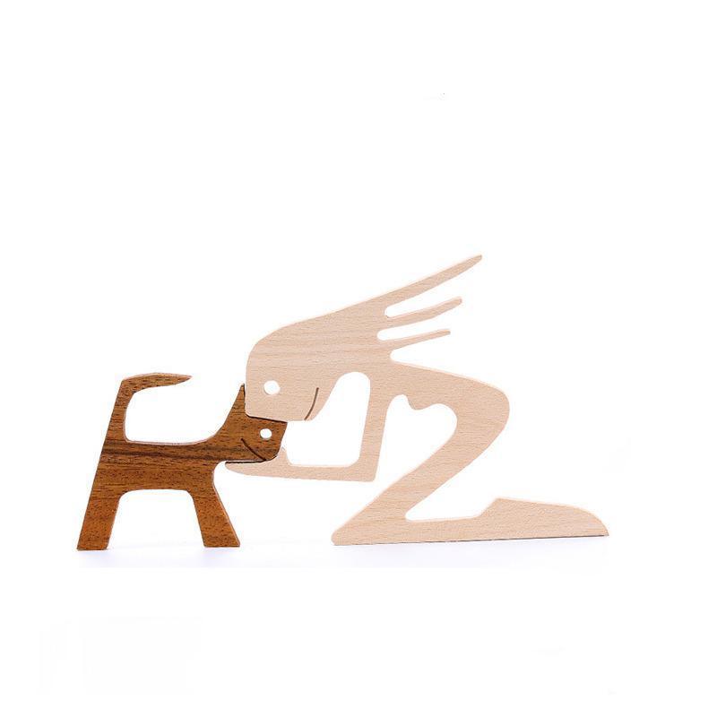 Handmade Wooden Statue Sitting Family and Dog Craft Home Decor - B04