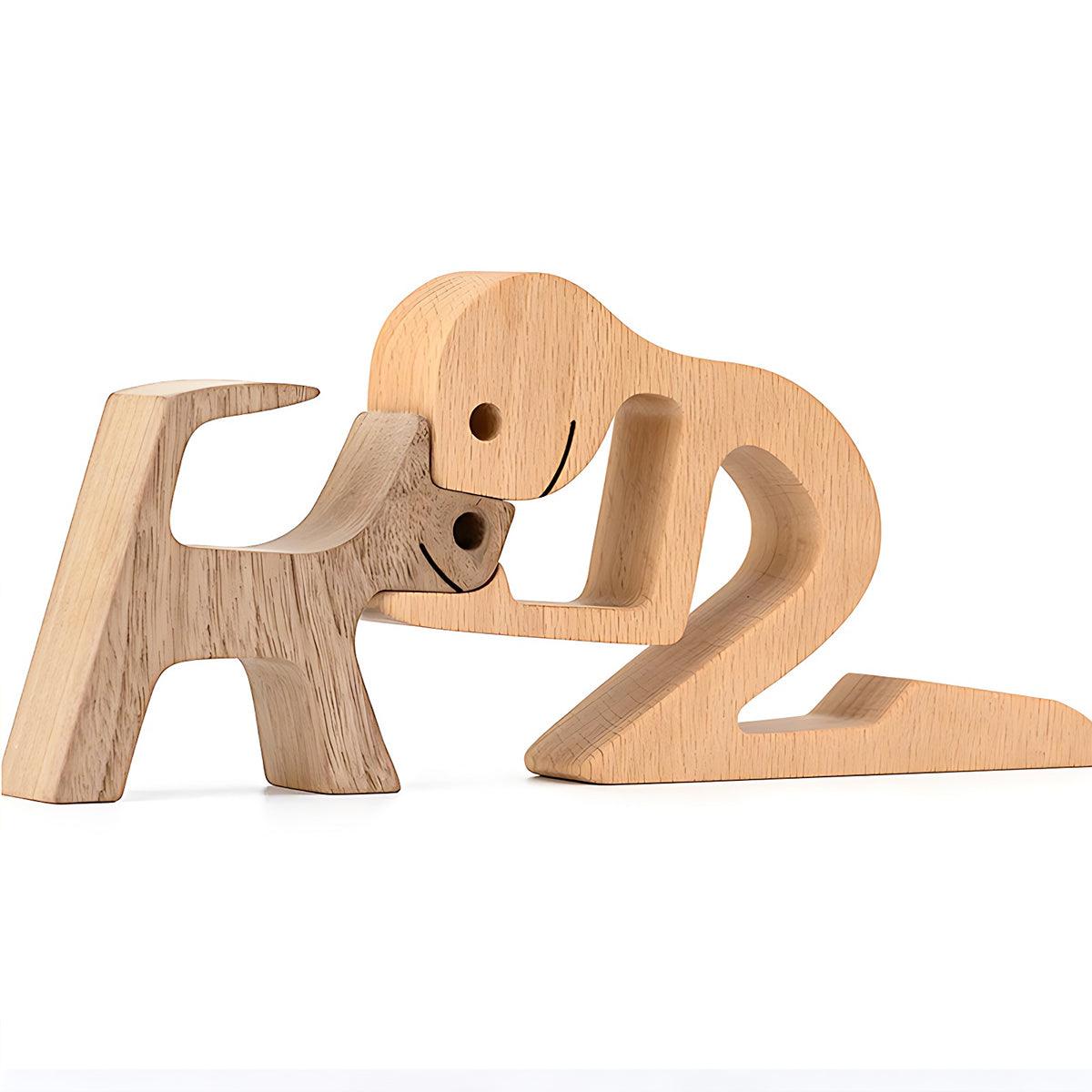 Handmade Wooden Statue Sitting Family and Dog Craft Home Decor - B02