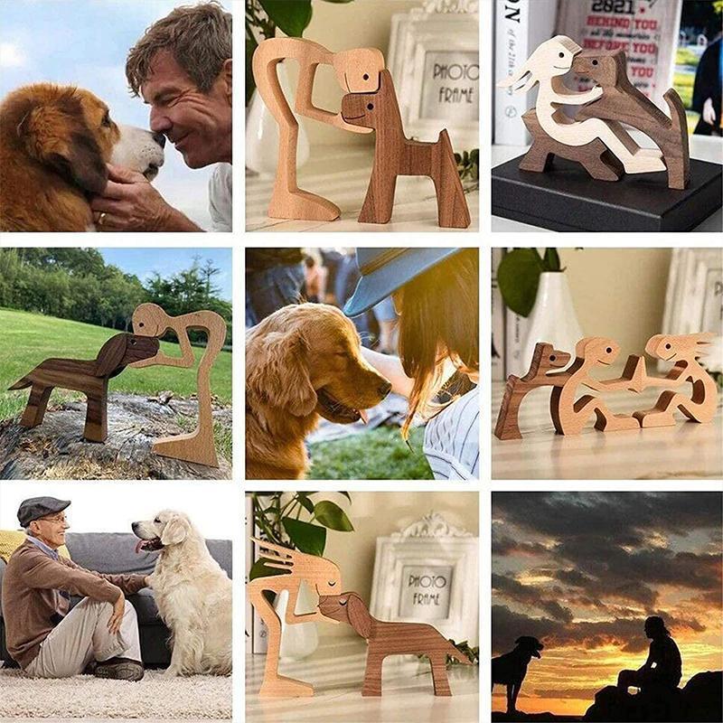 Handmade Wooden Statue Sitting Family and Dog Craft Home Decor - B02