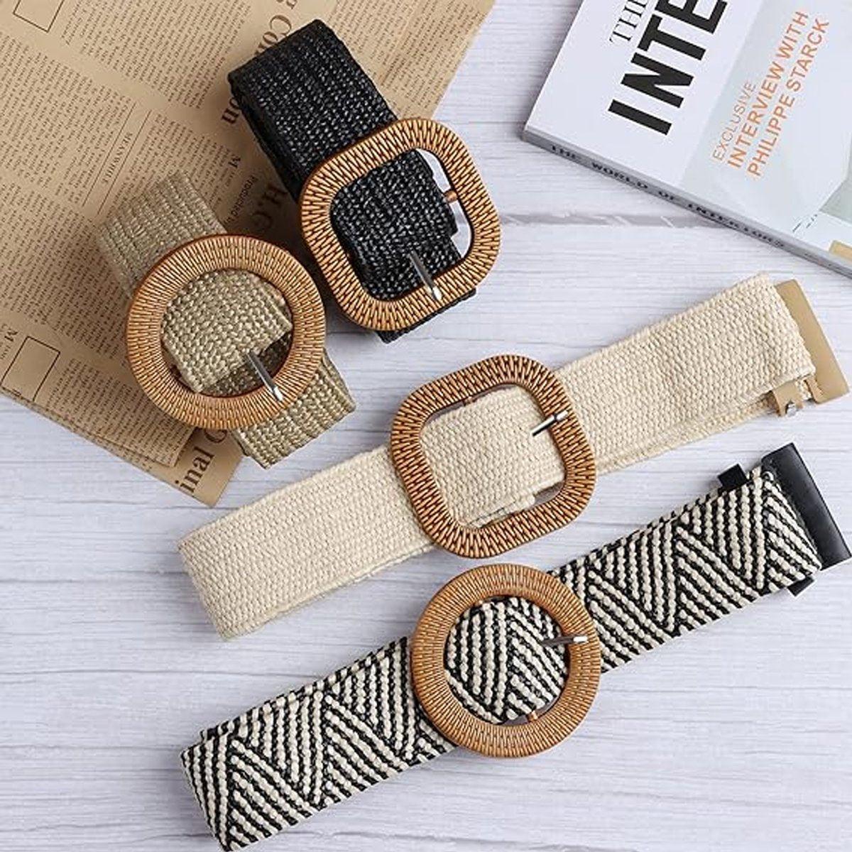 4PCS Womens Woven Cotton Linen Belt Set Round Square Buckle Long Shirt Dress