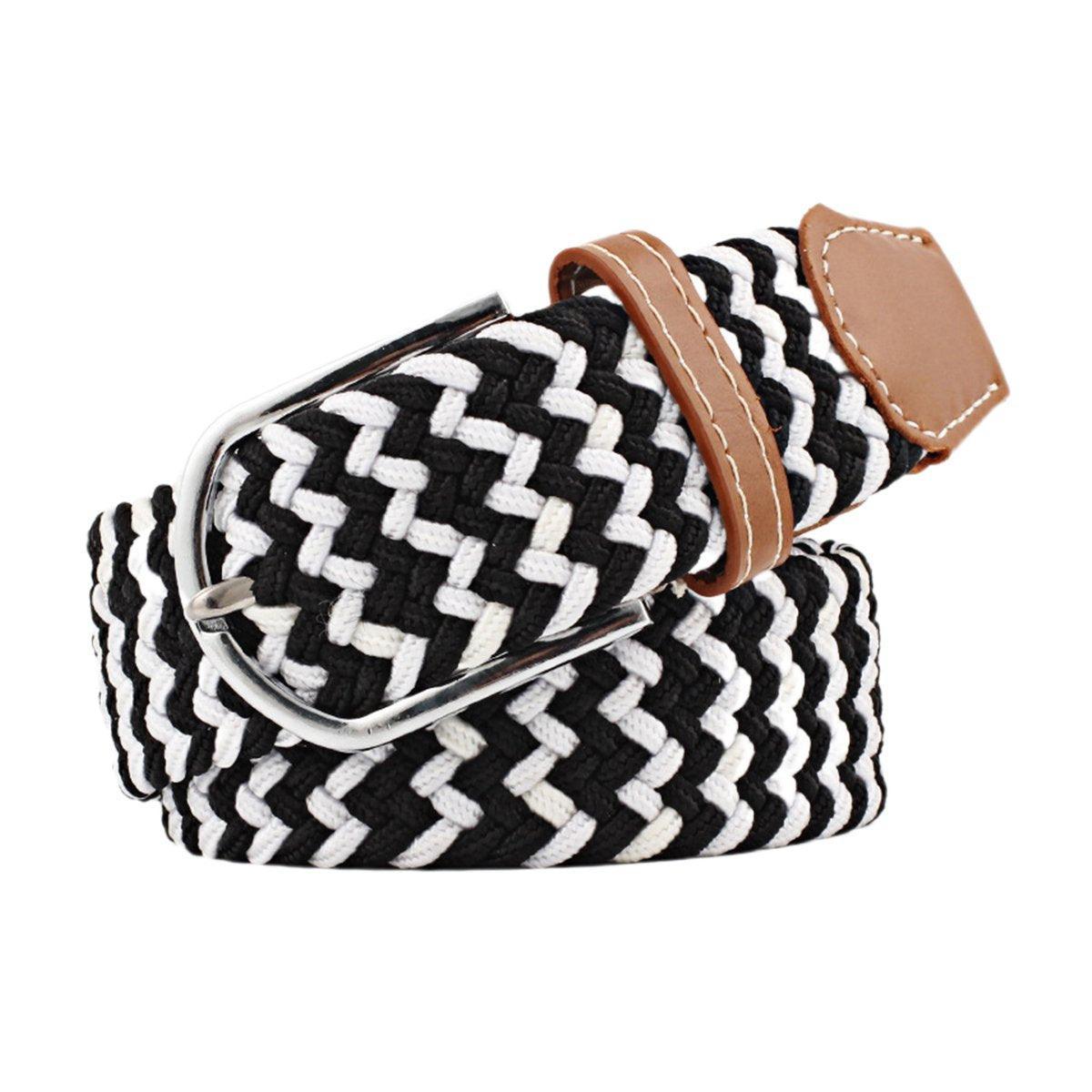 Unisex Braided Belt Casual Canvas Belt Adjustable Stretch Belt for Men Women - Black-White