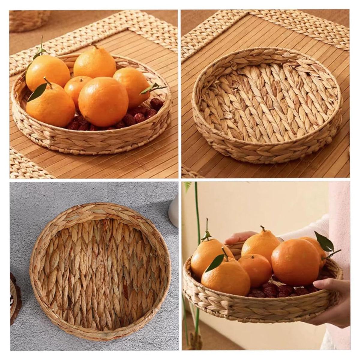 2pcs Rattan Fruit Tray Decorative Storage Trays Multipurpose Shelving Organizer - Circle