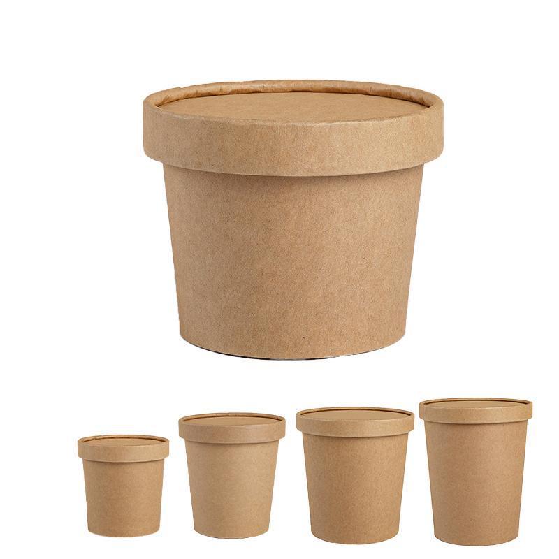 250x Biodegradable Kraft Paper Soup Bucket with Lid Takeaway Tubs Cups - 250ML (8OZ)