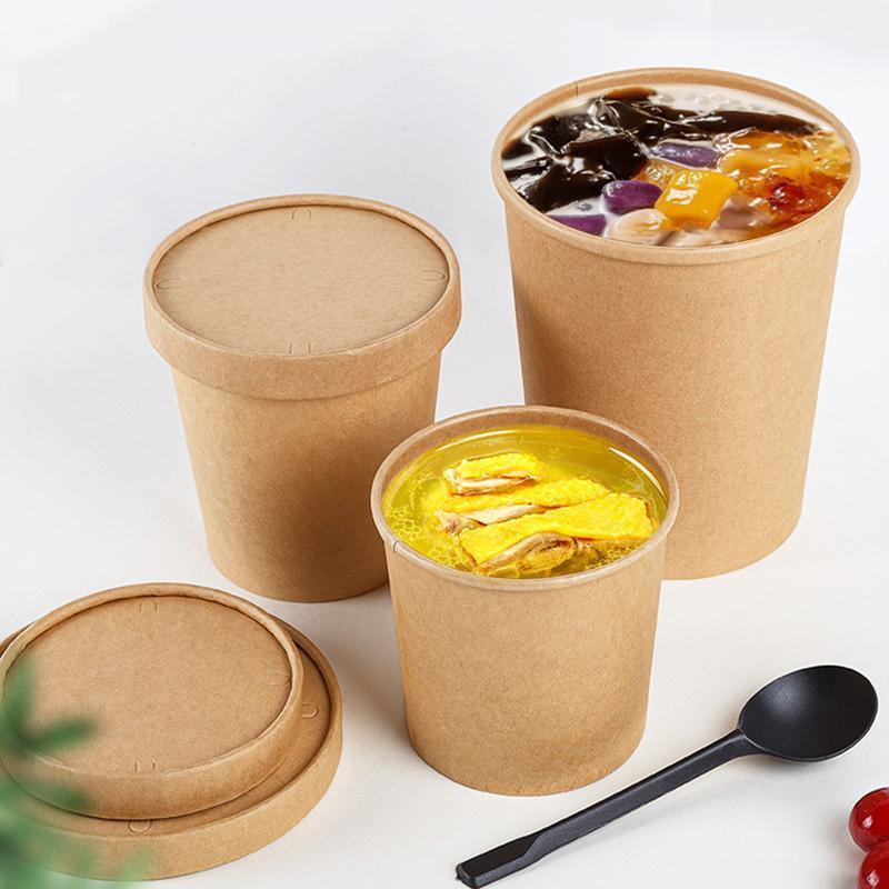 250x Biodegradable Kraft Paper Soup Bucket with Lid Takeaway Tubs Cups - 250ML (8OZ)