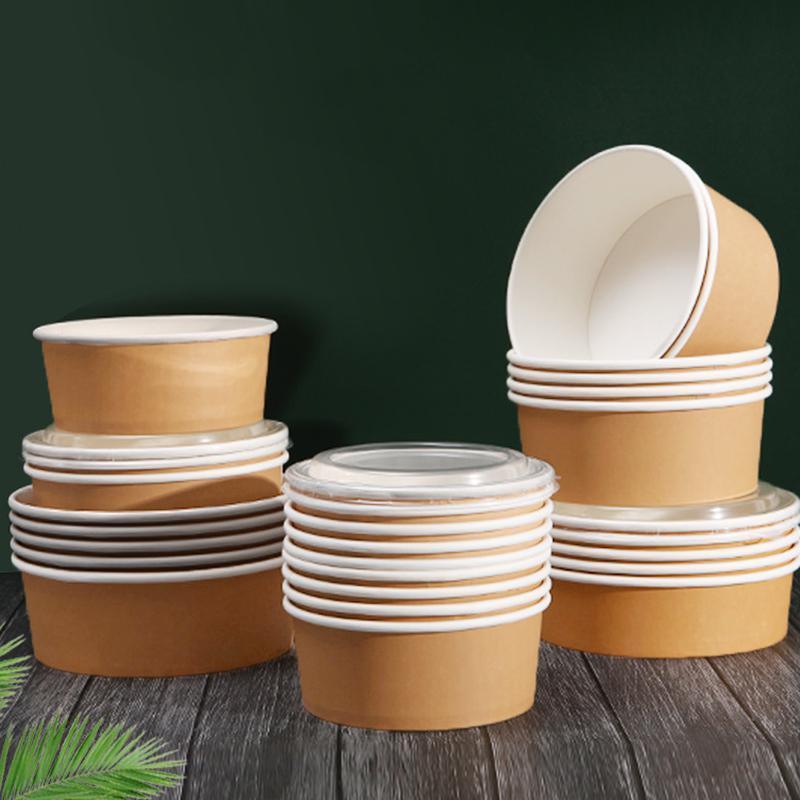 Take-Away Kraft Paper Salad Bowl Food Grade Takeout Tableware Food Bowl With Lid - 1500ML