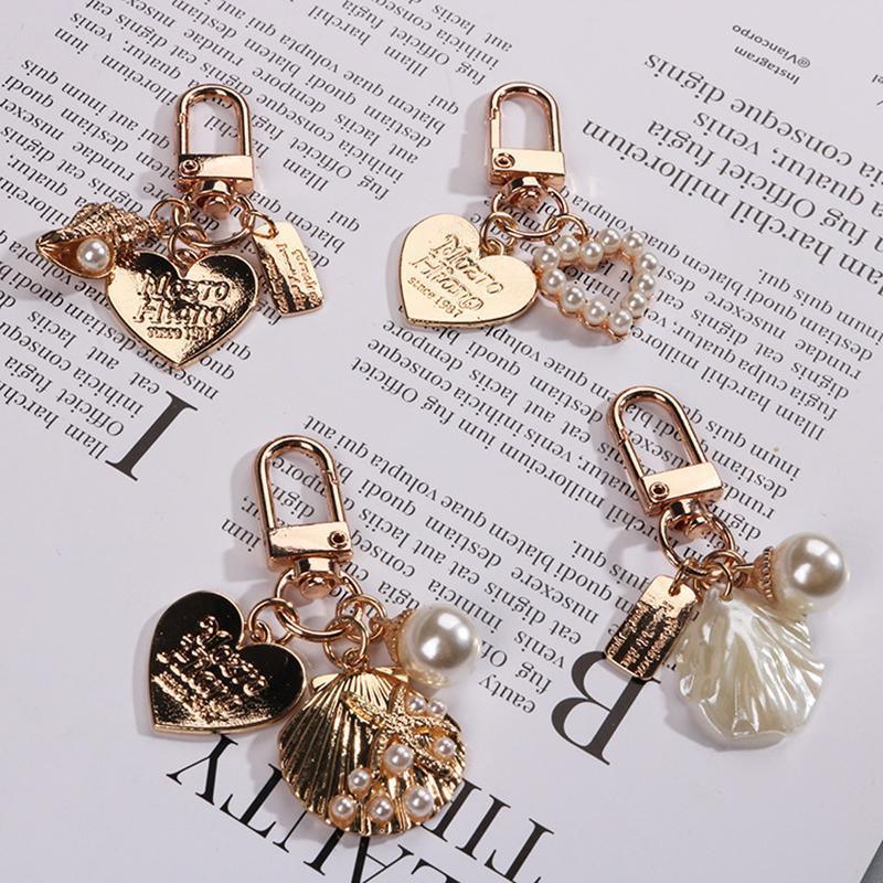 Womens Cute Key Rings Shell Heart Pearl Shape Keychain Charm Bag Hanger Pendants - A