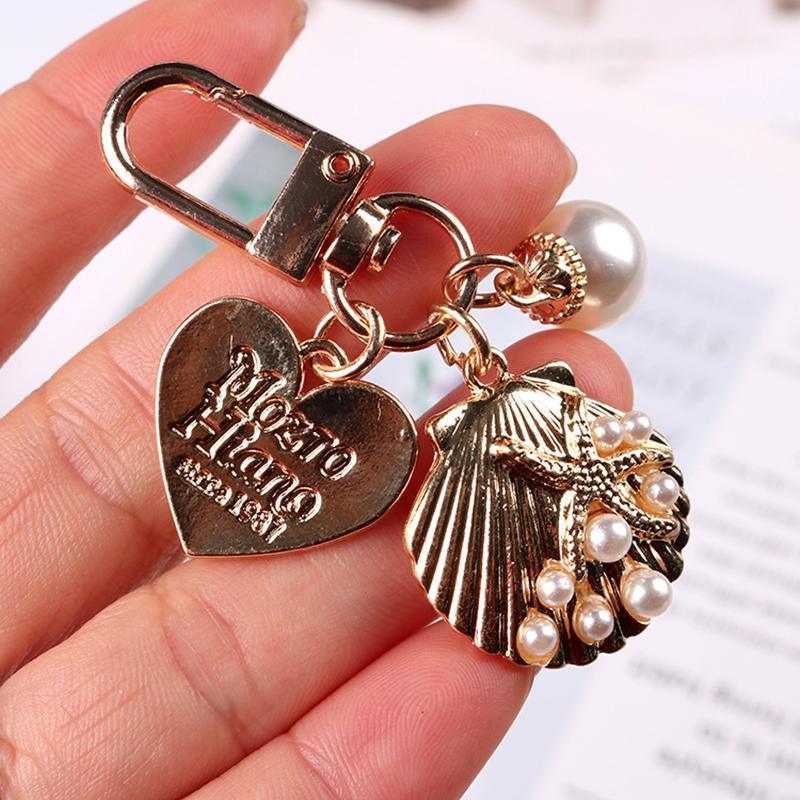 Womens Cute Key Rings Shell Heart Pearl Shape Keychain Charm Bag Hanger Pendants - A