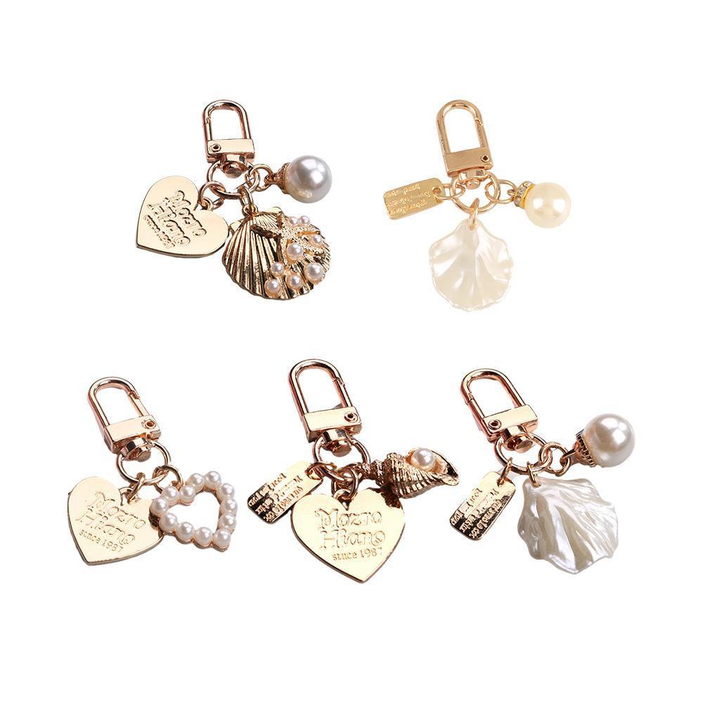 Womens Cute Key Rings Shell Heart Pearl Shape Keychain Charm Bag Hanger Pendants - B