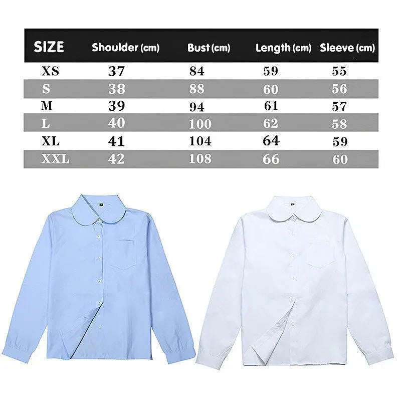 White Girls Peter Pan Collar Long Sleeve School Shirt with two button Adjustable Cuff - L