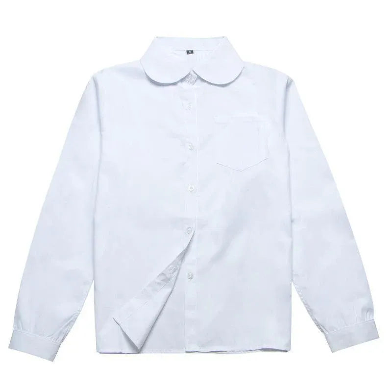 White Girls Peter Pan Collar Long Sleeve School Shirt with two button Adjustable Cuff - L