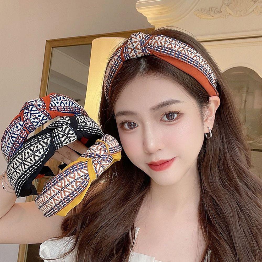 Women Lady Retro Boho Embroidery Cotton Wide Hair Headband Head Wrap Band hoop - Black