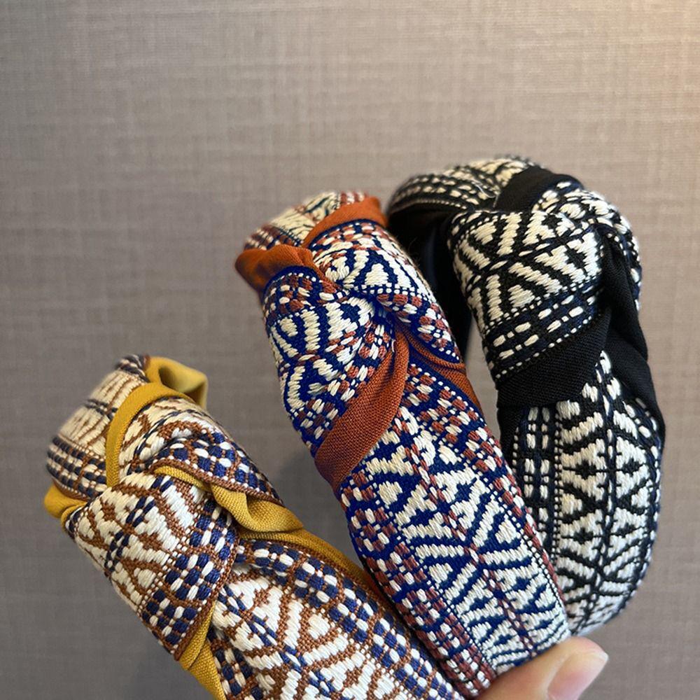 Women Lady Retro Boho Embroidery Cotton Wide Hair Headband Head Wrap Band hoop - Black