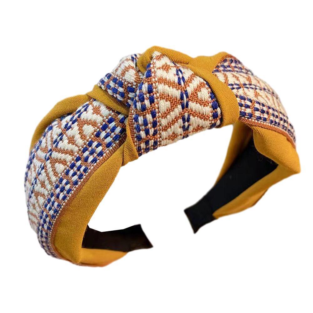 Women Lady Retro Boho Embroidery Cotton Wide Hair Headband Head Wrap Band hoop - Yellow