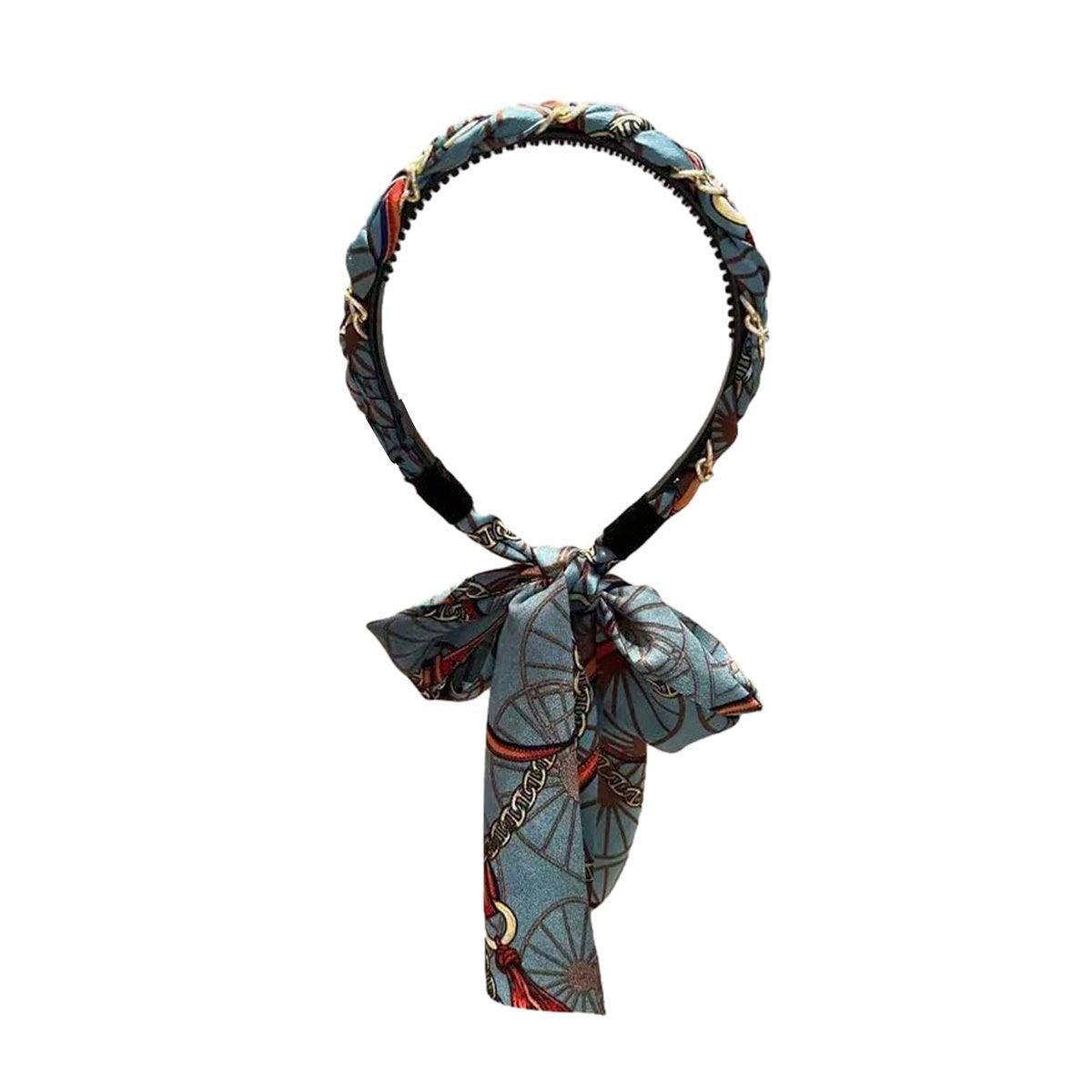 Chains patterned satin headband with Long Scarf Headband Scarf Hair Accessories - Orange