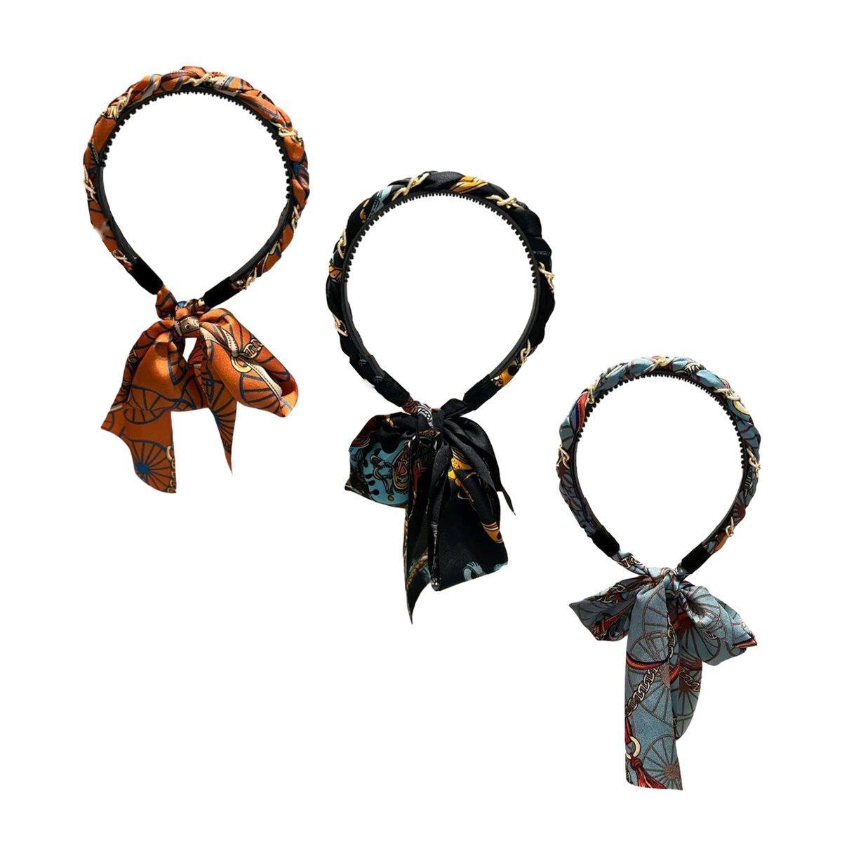 Chains patterned satin headband with Long Scarf Headband Scarf Hair Accessories - Black