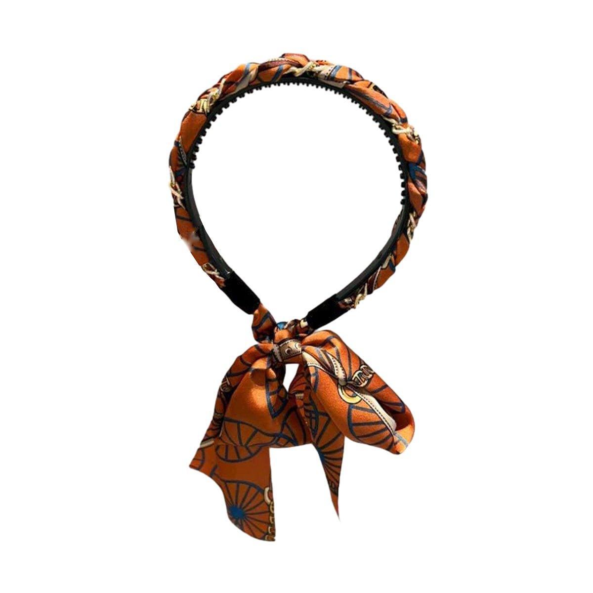 Chains patterned satin headband with Long Scarf Headband Scarf Hair Accessories - Black