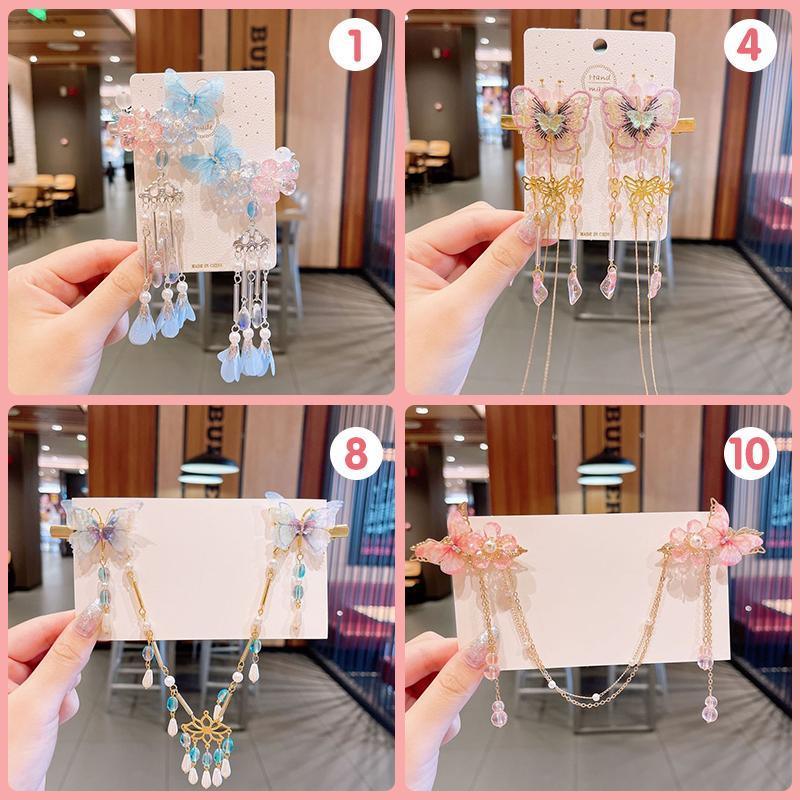 2Pcs Hanfu Flower Hair Clip with Pearl Tassel Butterfly Hairpin for Women and Girls Party - E002
