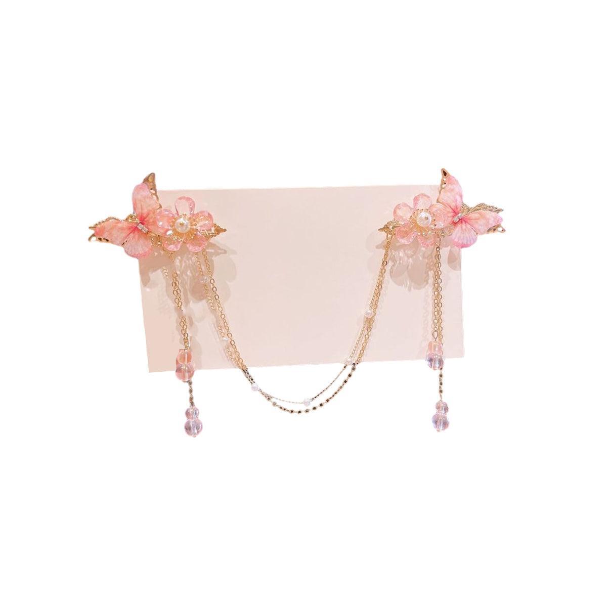 2Pcs Hanfu Flower Hair Clip with Pearl Tassel Butterfly Hairpin for Women and Girls Party - 17