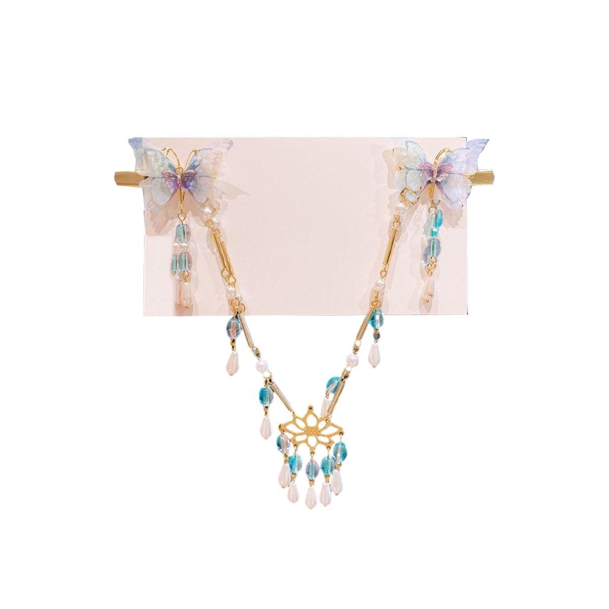 2Pcs Hanfu Flower Hair Clip with Pearl Tassel Butterfly Hairpin for Women and Girls Party - E014