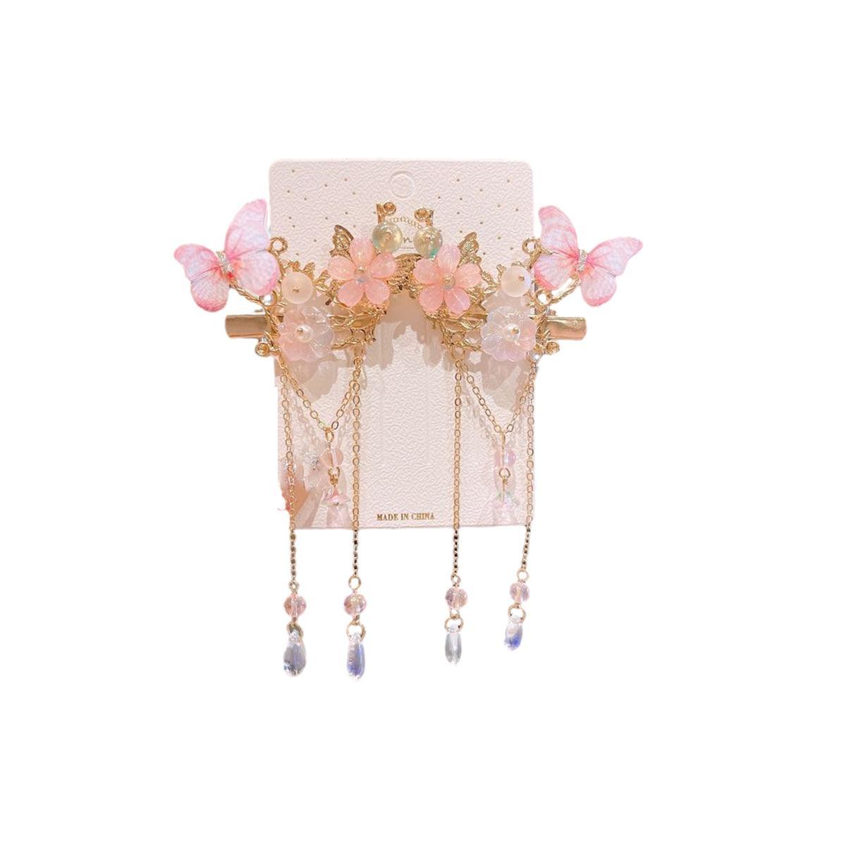 2Pcs Hanfu Flower Hair Clip with Pearl Tassel Butterfly Hairpin for Women and Girls Party - E014