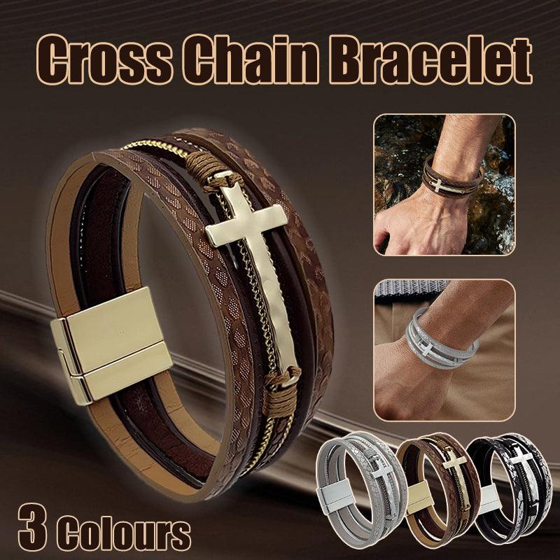Men Cross Bracelet Multi-Layer Leather Wristband Stainless Steel Stylish Gift - Coffee