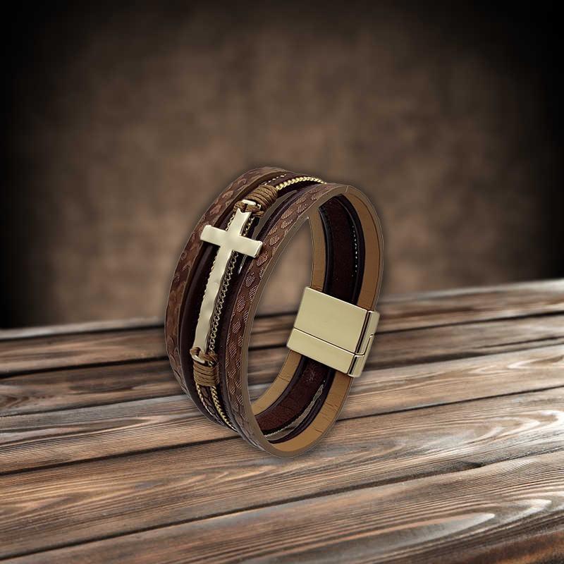 Men Cross Bracelet Multi-Layer Leather Wristband Stainless Steel Stylish Gift - Coffee