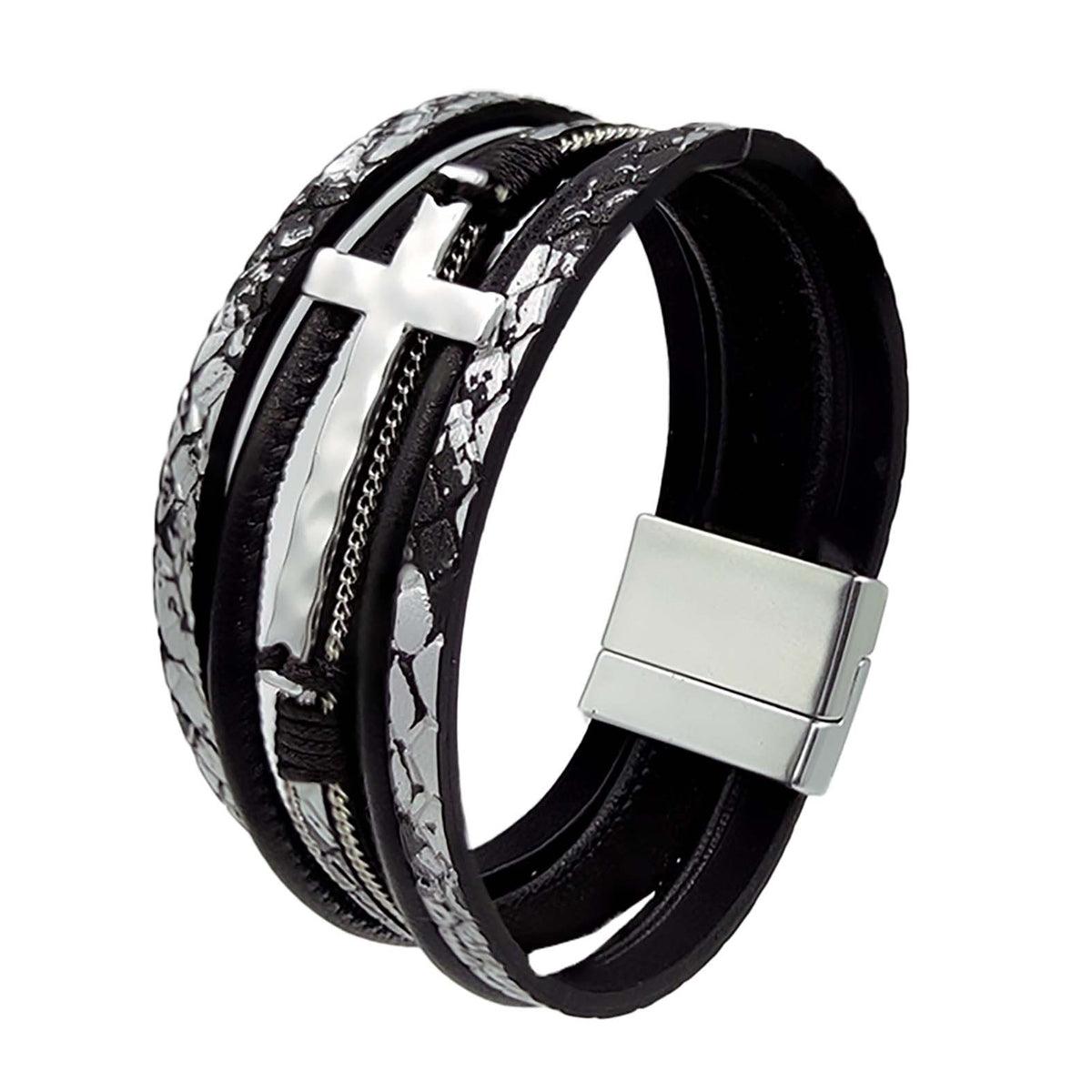 Men Cross Bracelet Multi-Layer Leather Wristband Stainless Steel Stylish Gift - Coffee