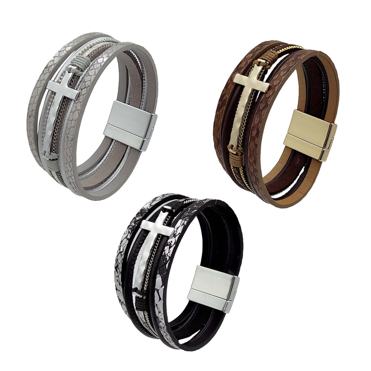 Men Cross Bracelet Multi-Layer Leather Wristband Stainless Steel Stylish Gift - Silver