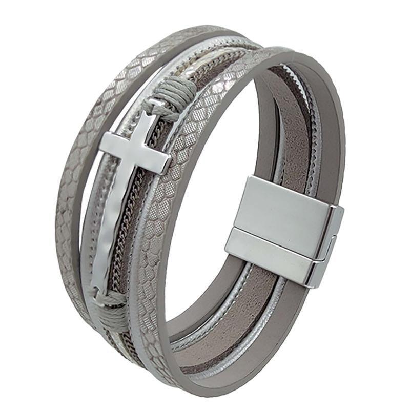 Men Cross Bracelet Multi-Layer Leather Wristband Stainless Steel Stylish Gift - Silver