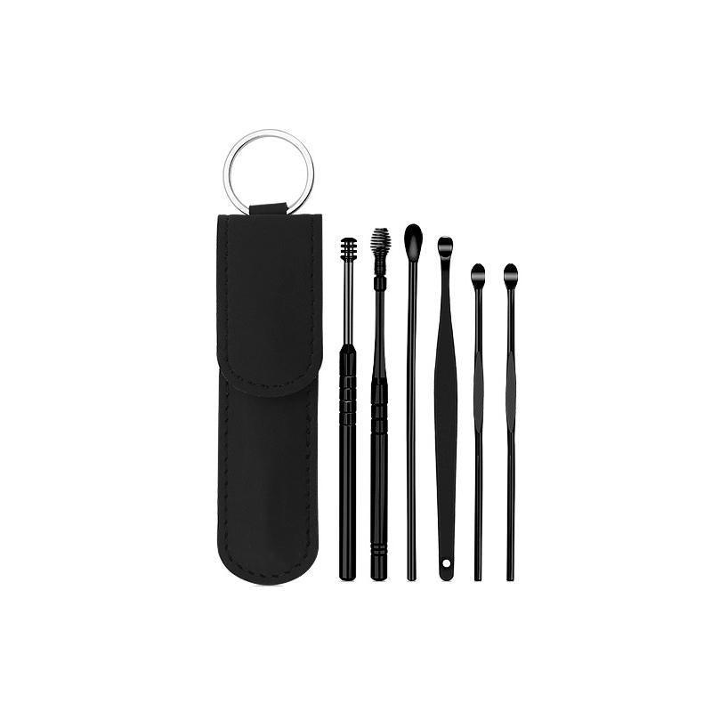 6Pcs Earpick Ear Wax Curette Ear Cleaner Remover Spoon Ear Cleaning Tool Kit - Black+Sliver