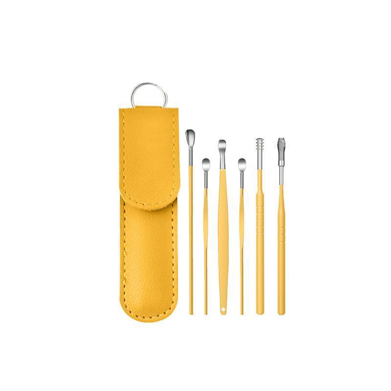 6Pcs Earpick Ear Wax Curette Ear Cleaner Remover Spoon Ear Cleaning Tool Kit - Black+Sliver