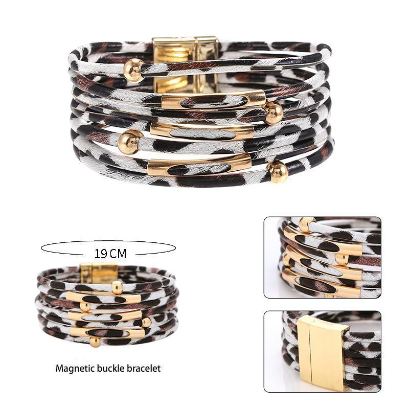 Fashion Snap Lock Leather Bohemian Leopard Print Bangle Stylish Bracelet Gift - White