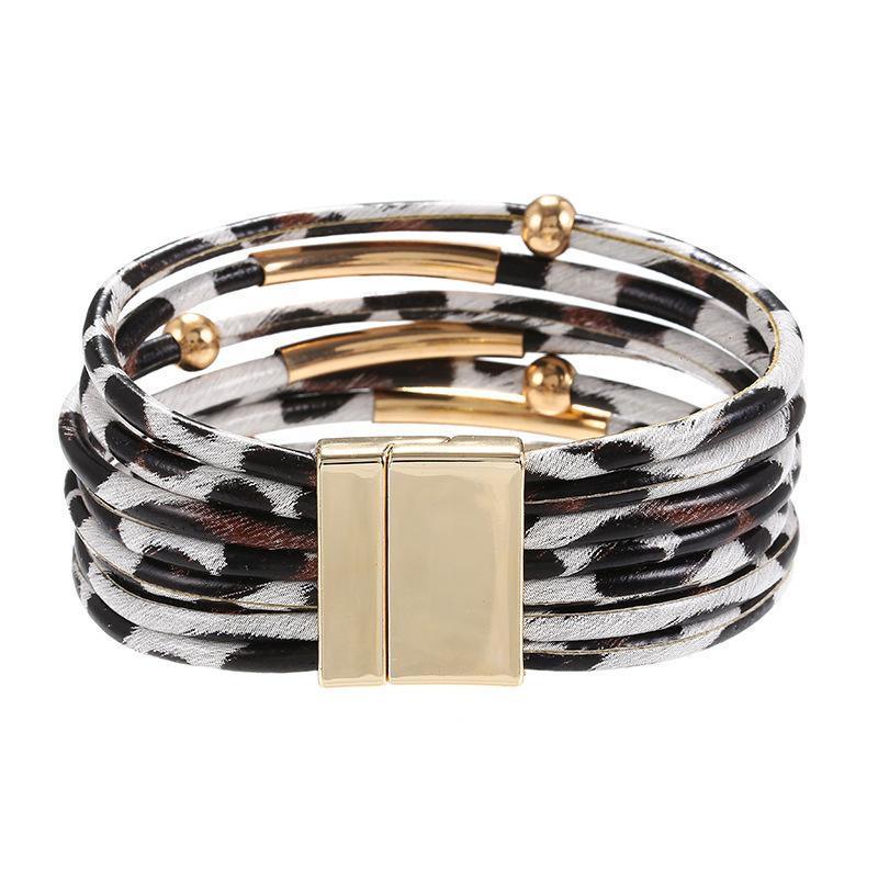 Fashion Snap Lock Leather Bohemian Leopard Print Bangle Stylish Bracelet Gift - White