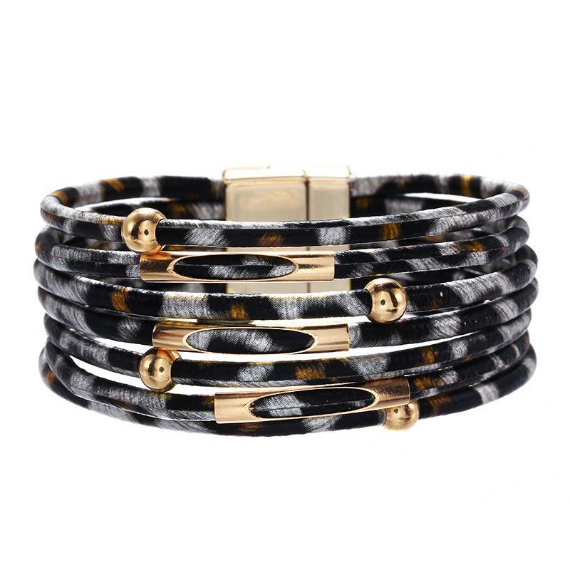 Fashion Snap Lock Leather Bohemian Leopard Print Bangle Stylish Bracelet Gift - White