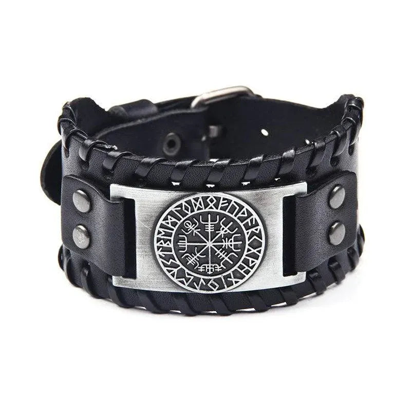 Viking Compass Leather Bracelet Men Adjustable PU Leather Cuff Runes Wristband - Silver