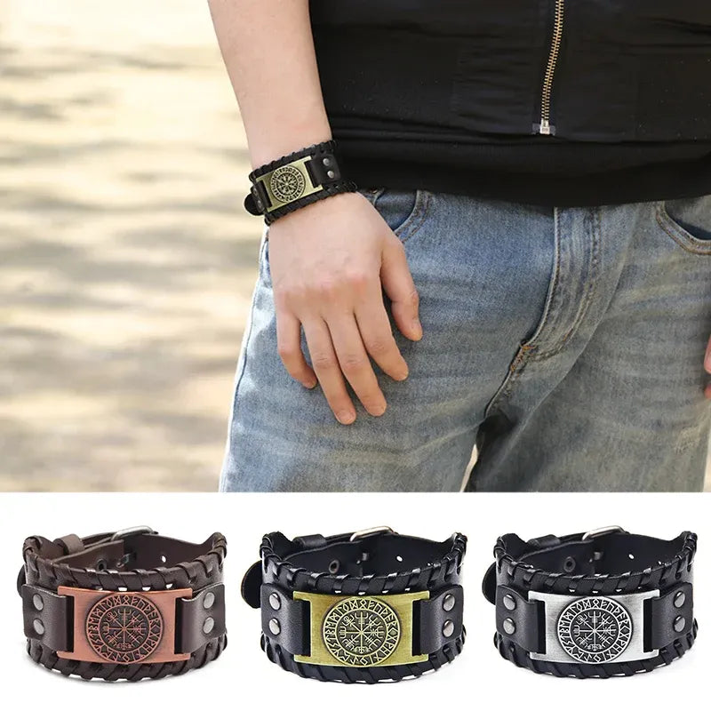 Viking Compass Leather Bracelet Men Adjustable PU Leather Cuff Runes Wristband - Silver