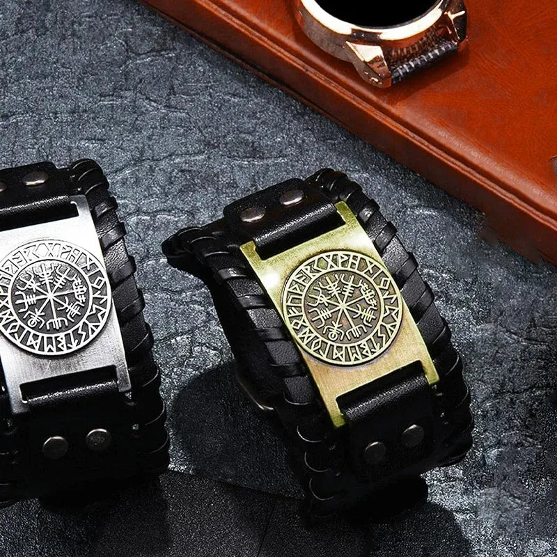 Viking Compass Leather Bracelet Men Adjustable PU Leather Cuff Runes Wristband - Silver