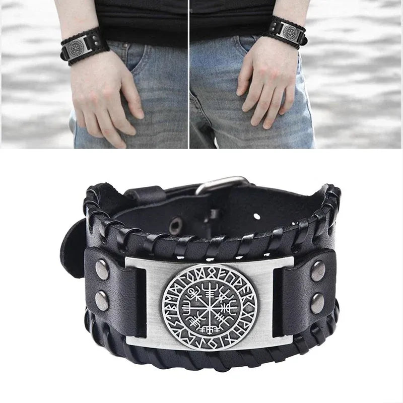 Viking Compass Leather Bracelet Men Adjustable PU Leather Cuff Runes Wristband - Silver