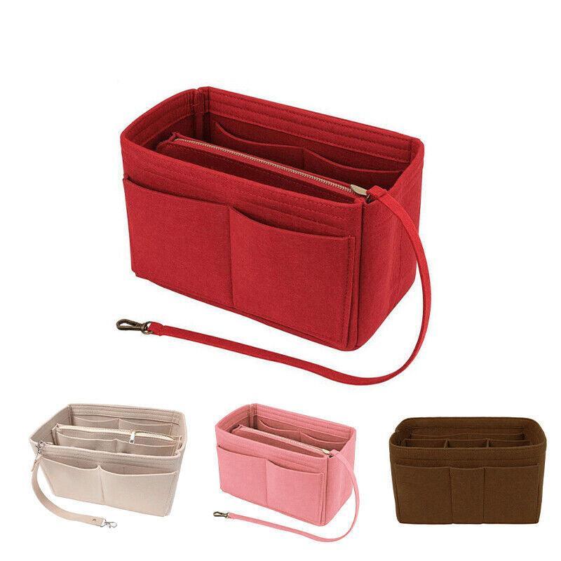 Felt Handbag Organizer Insert with Multiple Pockets for Tote and Purse - Pink L Size