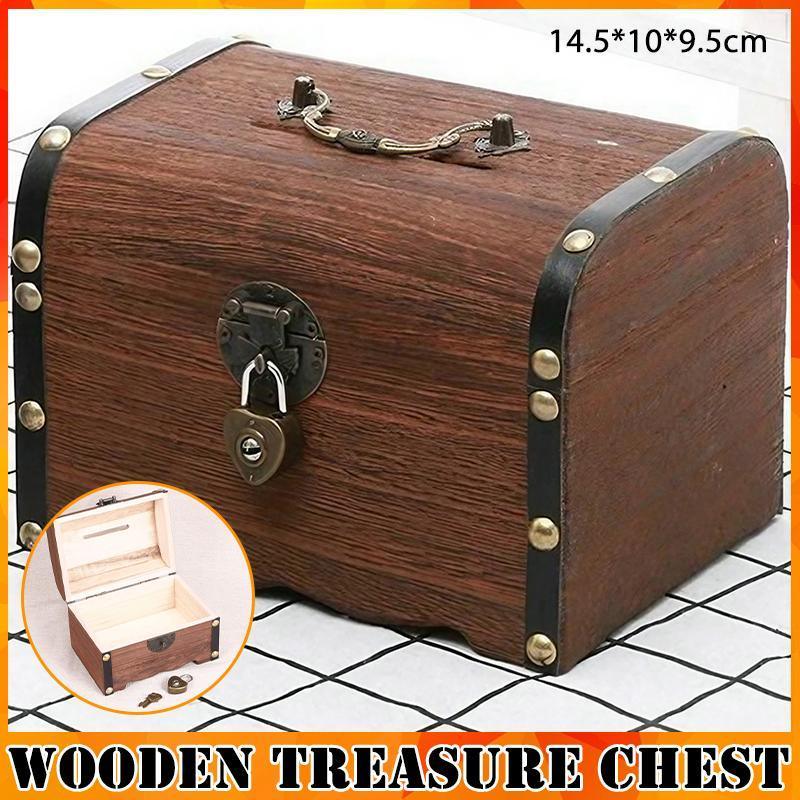 Wooden Treasure Chest Retro Money Storage Box Case Coin Piggy Bank Organizer