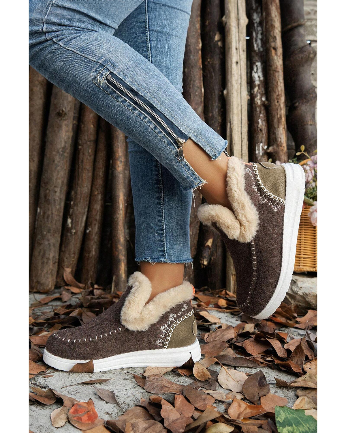 Coffee Suede Stitching Patchwork Plush Lined Anklet Boots - 39 EU