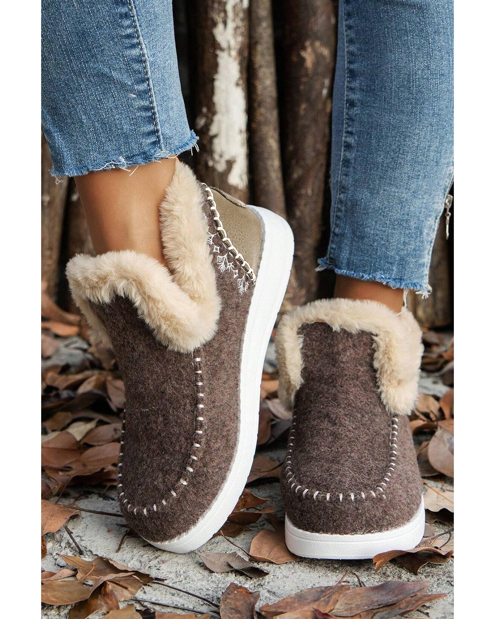 Coffee Suede Stitching Patchwork Plush Lined Anklet Boots - 40 EU