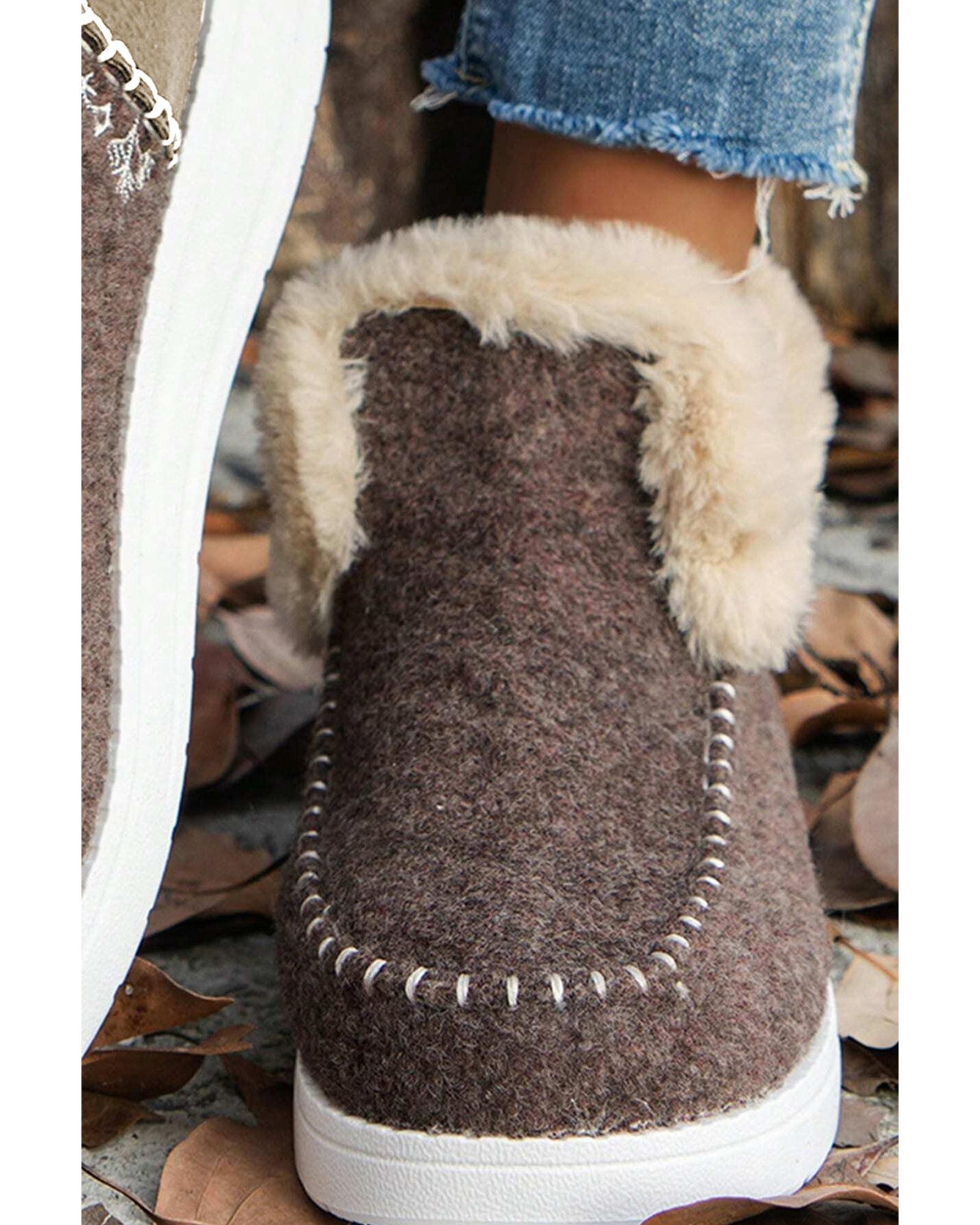 Coffee Suede Stitching Patchwork Plush Lined Anklet Boots - 40 EU