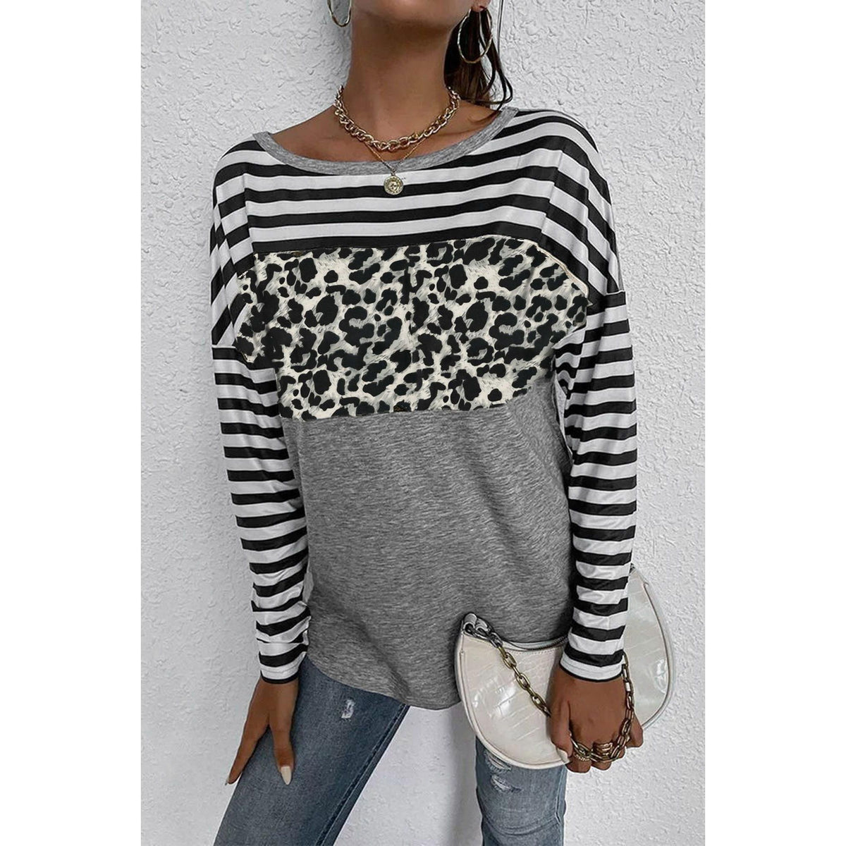 Azura Exchange Leopard Block Splicing Long Sleeve Top - S