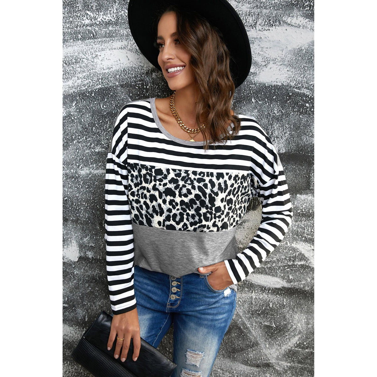 Azura Exchange Leopard Block Splicing Long Sleeve Top - S