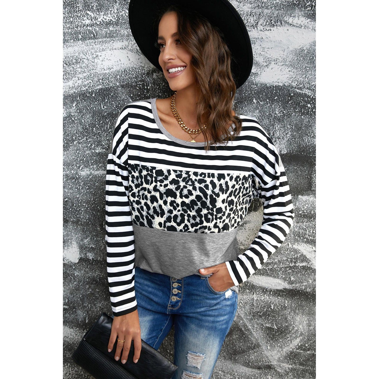 Azura Exchange Leopard Block Splicing Long Sleeve Top - S