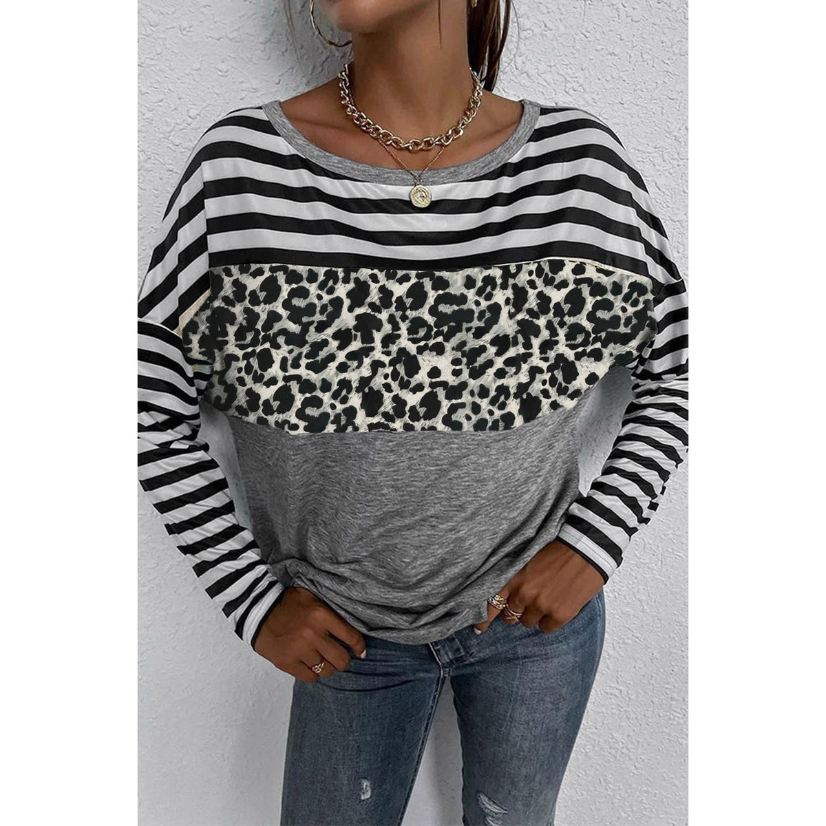 Azura Exchange Leopard Block Splicing Long Sleeve Top - S